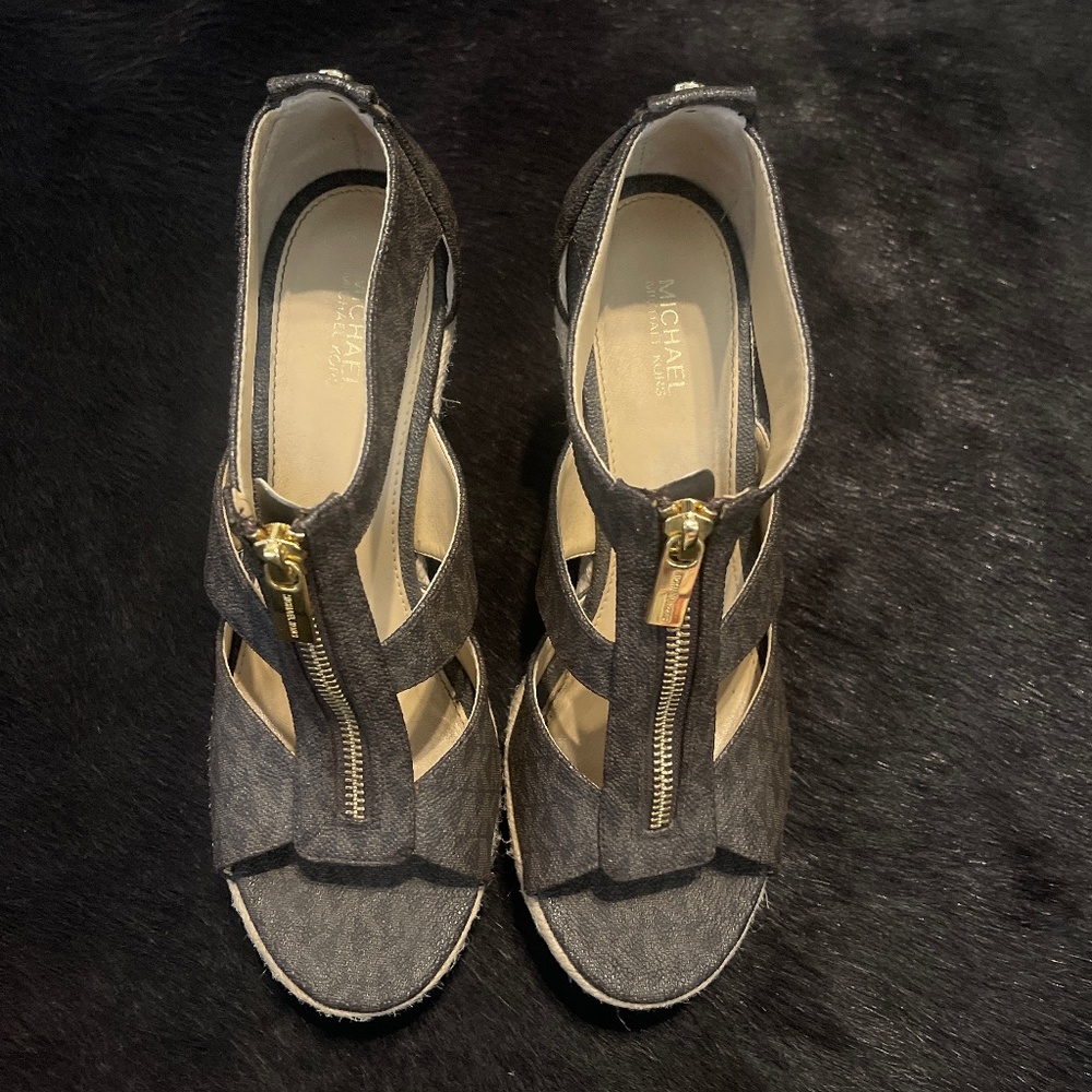 MICHAEL Michael Kors Brown Wedge Sandals with Gold Zipper